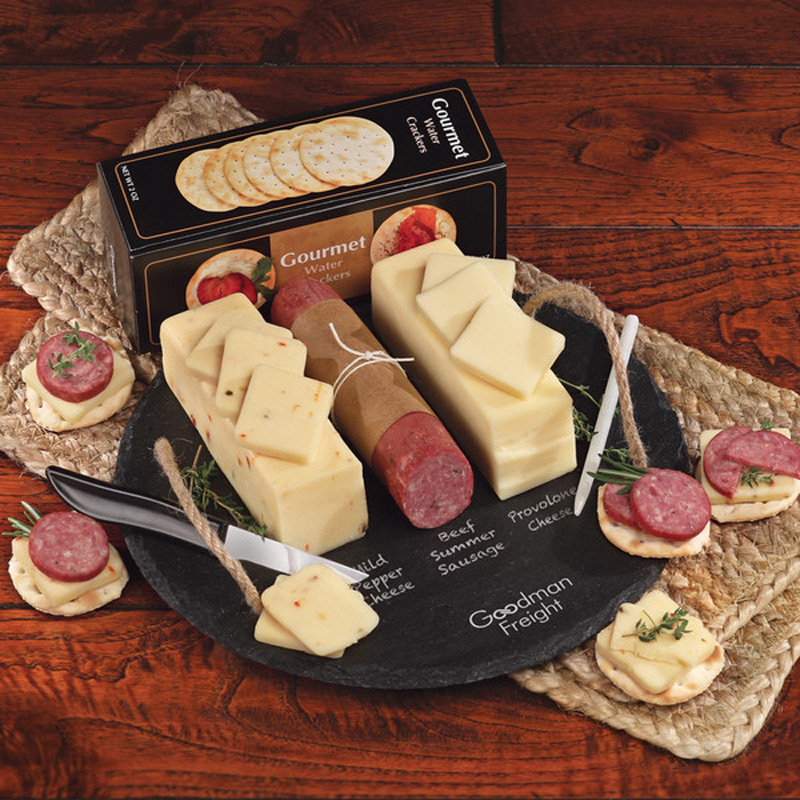 Round Slate Serving Plate with Shelf-Stable Cheese & Sausage