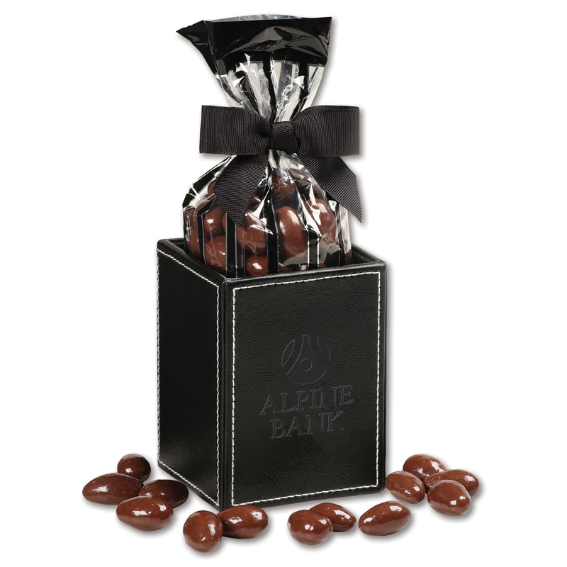 Faux Leather Pen & Pencil Cup with Chocolate Covered Almonds