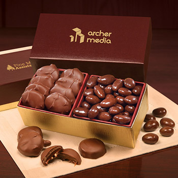 Pecan Turtles & Chocolate Almonds in Burgundy & Gold Gift Box