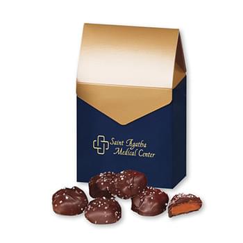 Chocolate Sea Salt Caramels in Navy & Gold Gable Top Gift Box