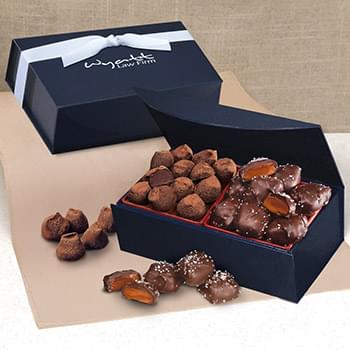 Chocolate Sea Salt Caramels & Cocoa Dusted Truffles in Navy Magnetic Closure Box