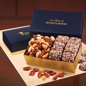 English Butter Toffee & Deluxe Mixed Nuts in Navy & Gold Gift Box
